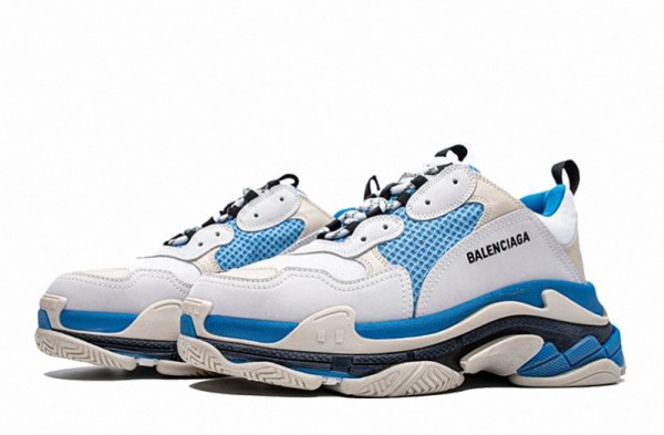 balenciaga white and blue triple s leather sneakers